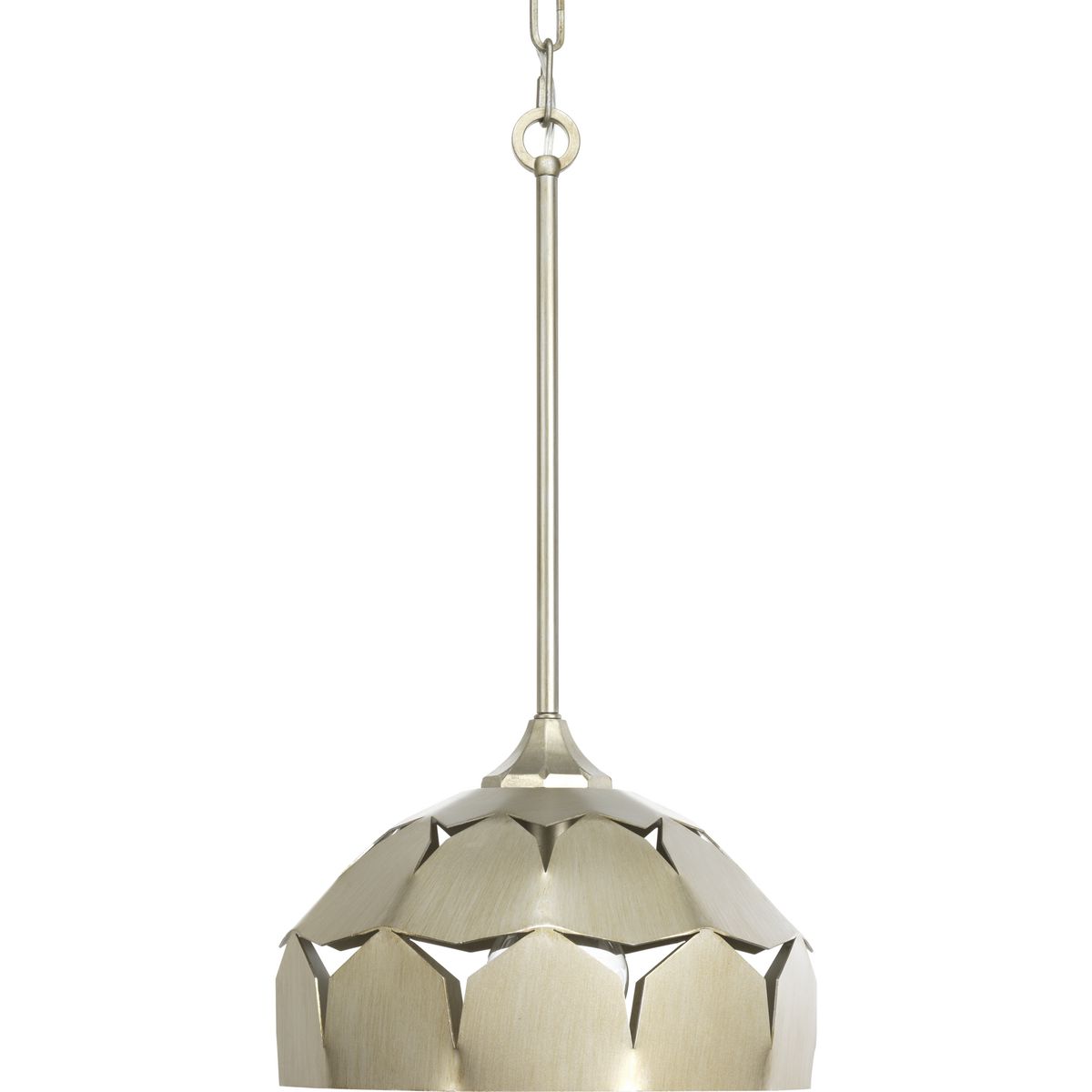 Designer Jeffrey Alan Mark�s striking use of intricately cut metalwork lends a Moroccan edge to the Yerba Collection. Geometric details of mid-century modern style combine with sculpted elements in a luxurious Silver Ridge finish, making Yerba relaxed, yet vibrant and exotic. The dome pendant has pierced openings that cast dramatically dappled light, giving a multi-layered depth and movement to any space. This family of fixtures is part of the Jeffrey Alan Marks Point Dume� lighting collection which celebrates a curated mix of yesterday and today, distilling both industrial and artisanal influences.