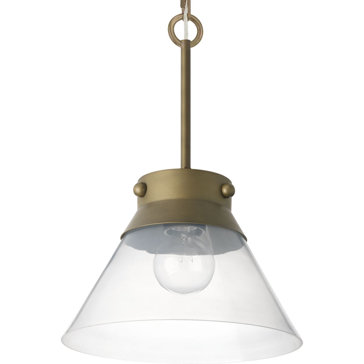 With an interesting mix of Farmhouse design and industrial, almost nautical details, the Tapia Trail pendant is Americana style at it best. A banded metal collar accented with rivets in Aged Brass call out to its Coastal nautical origins and attaches via a hook for an added industrial style. A flared milk glass shade finishes the look with a charming Farmhouse touch. This family of fixtures is part of the Jeffrey Alan Marks Point Dume� lighting collection which celebrates a curated mix of yesterday and today, distilling both industrial and artisanal influences.