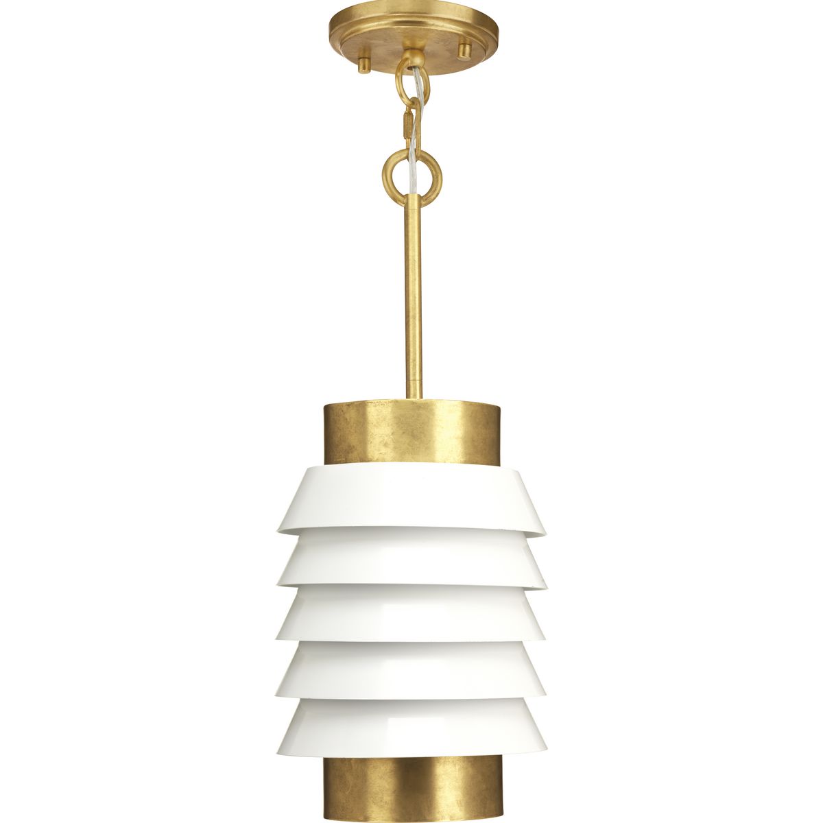 Mixed metallics combined with a modern take on light and movement characterize the Onshore series by Jeffrey Alan Marks. The pendant, with a core of brushed brass encircled with tiers of bright white enamel bands, offers reflective surfaces that personify a fresh and uplifting choice for casual living. Large metal loops join the sleek steel down rod to the coordinating brushed brass canopy, which is accented by industrial style rivets for an unexpected finishing touch. The White and Brushed Brass pendant is part of the Jeffrey Alan Marks Point Dume� lighting collection which celebrates a curated mix of yesterday and today, distilling both industrial and artisanal influences.