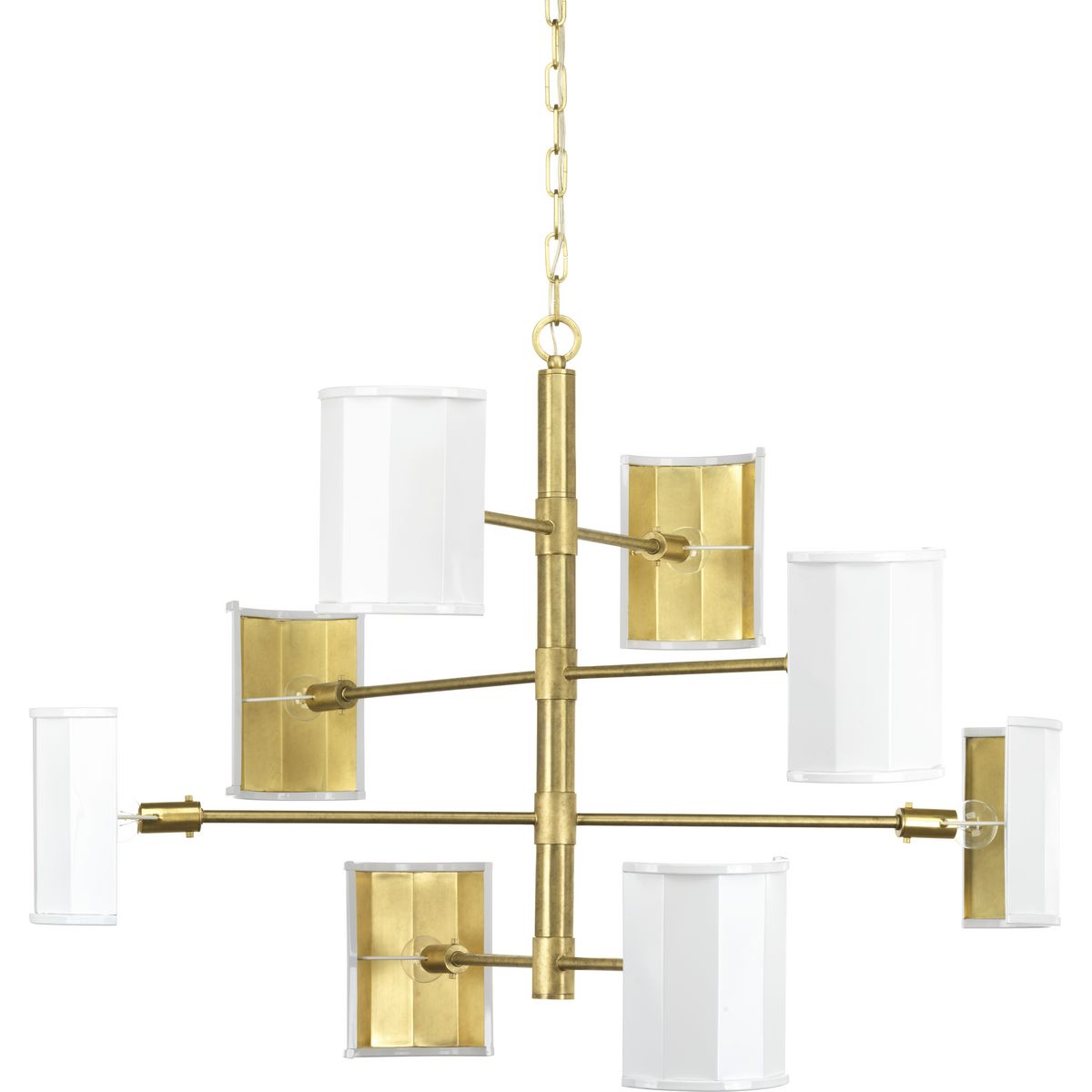 With elegantly outstretched arms and the subtle grace of a Calder mobile, the Wandermere chandelier balances a modern symmetry of form and substance to redefine architectural spaces. Gently curving, two-tone metallic shades articulate outwards from a brushed brass center column. This fixture is part of the Jeffrey Alan Marks Point Dume� Lighting collection which celebrates a curated mix of yesterday and today, distilling both industrial and artisanal influences.