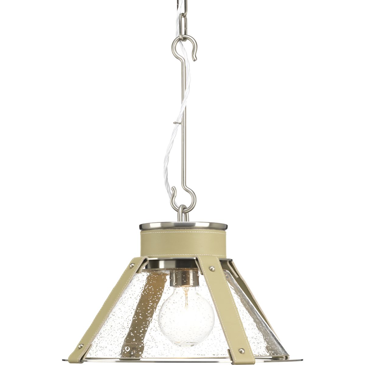 The Rockdance pendant in Antique Nickel is part of a graceful series fashioned from surprising design elements that, together, form a signature look by designer Jeffrey Alan Marks. The pendant hangs by industrial style hooks and is powered by a braided metal cable, giving substance and form to function. A cap of Antique Nickel tops a seeded glass shade and is trimmed with beige topstitched leather strapping. This family of fixtures is part of the Jeffrey Alan Marks Point Dume� lighting collection which celebrates a curated mix of yesterday and today, distilling both industrial and artisanal influences.