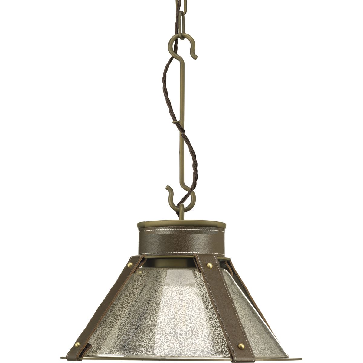 The Rockdance pendant in Aged Brass is part of a graceful series fashioned from surprising design elements that, together, form a signature look by designer Jeffrey Alan Marks. The pendant hangs by industrial style hooks and is powered by a braided metal cable, giving substance and form to function. A cap of Aged Brass tops a mercury glass shade and is trimmed with dark brown topstitched leather strapping. This family of fixtures is part of the Jeffrey Alan Marks Point Dume� lighting collection which celebrates a curated mix of yesterday and today, distilling both industrial and artisanal influences.