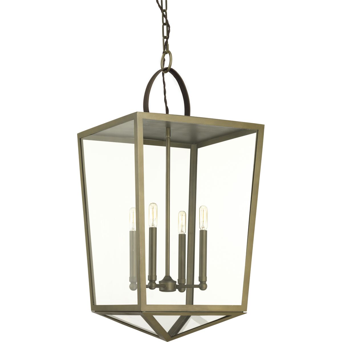 The Shearwater series embodies designer Jeffrey Alan Mark�s love of easy coastal living. With true California style, the Shearwater pendant is an Aged Brass lantern topped with a handsome brown topstitched leather handle. Clear glass shades surround a four-light candelabra to complete the look. This family of fixtures is part of the Jeffrey Alan Marks Point Dume� lighting collection which celebrates a curated mix of yesterday and today, distilling both industrial and artisanal influences.