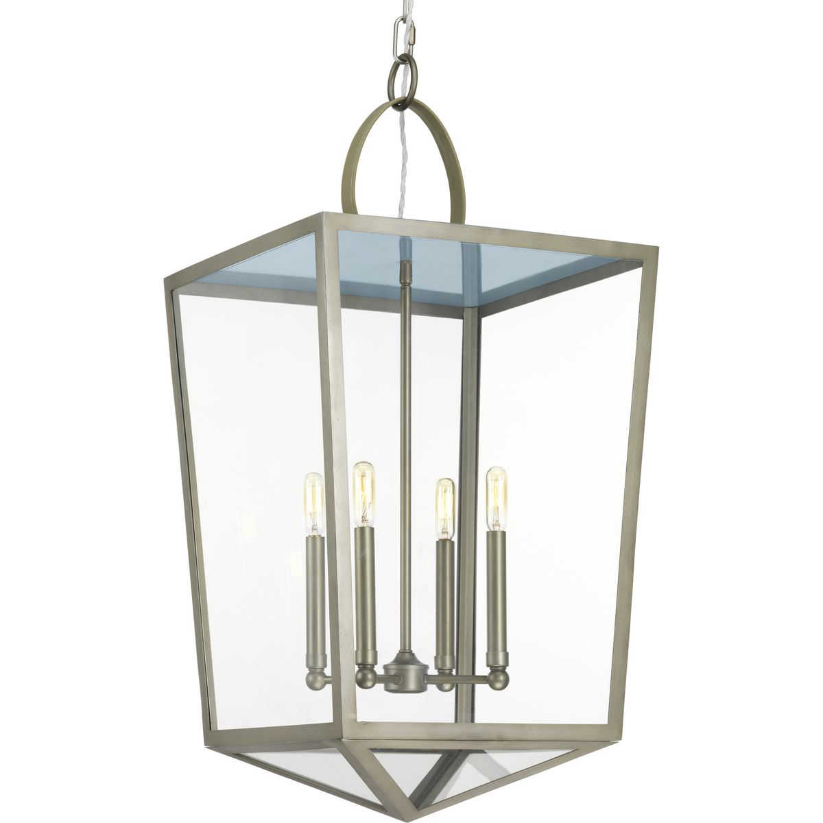 The Shearwater series embodies designer Jeffrey Alan Mark�s love of easy coastal living. With true California style, the Shearwater pendant is an Antique Nickel lantern trimmed with a signature Maliblue accent, giving an unexpected pop of color inside the roof of the fixture. Bespoke details include a handsome beige topstitched leather handle. Clear glass shades surround a four-light candelabra to complete the look. This family of fixtures is part of the Jeffrey Alan Marks Point Dume� lighting collection which celebrates a curated mix of yesterday and today, distilling both industrial and artisanal influences.