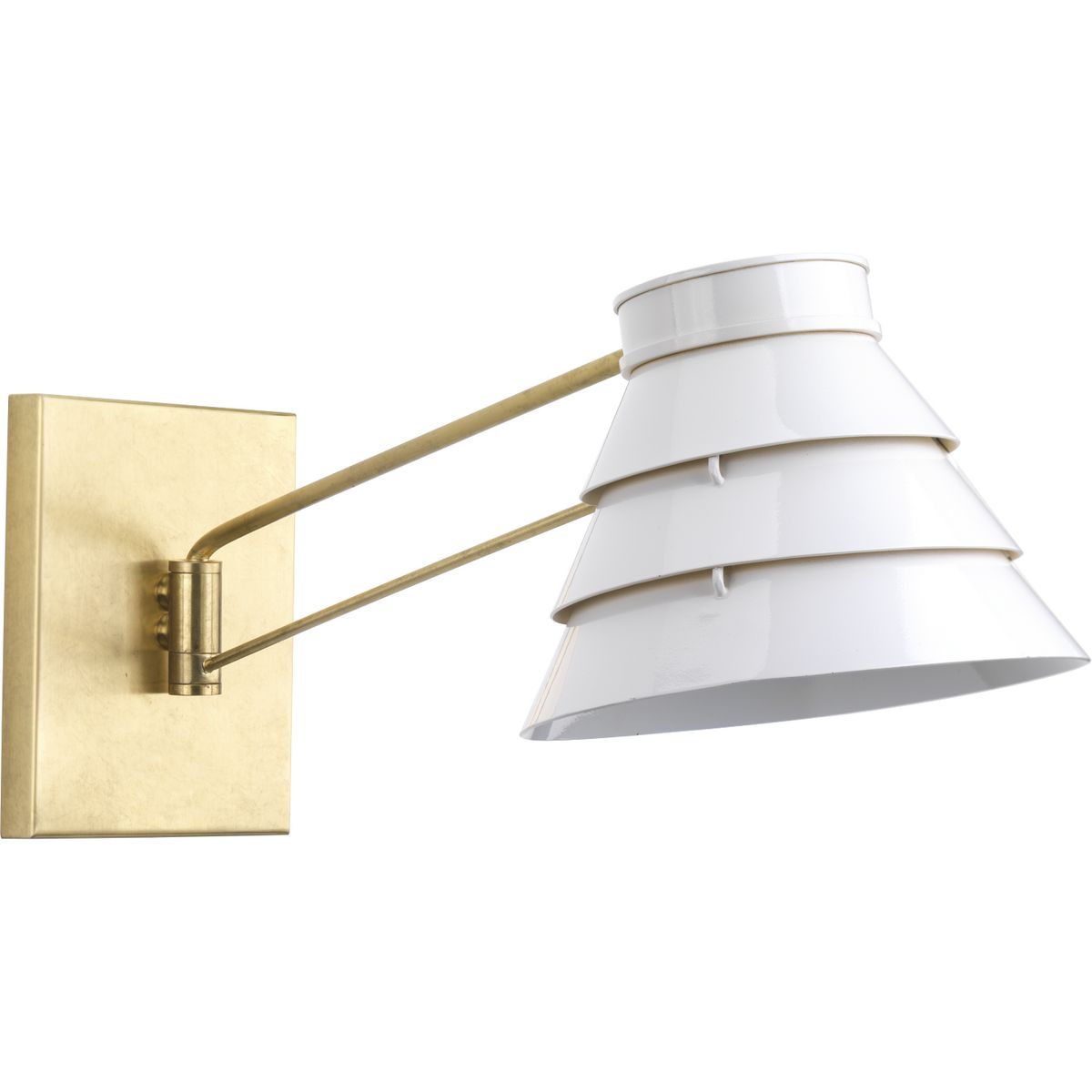 Mixed metallics combined with a modern take on light and movement characterizes the Onshore series by Jeffrey Alan Marks. The Onshore swing arm wall sconce has a flared shade created by a trio of bright white enamel bands, offering reflective surfaces that personify a fresh and uplifting choice for casual living. The adjustable arm extends from rectangular back plate via two parallel strips of lightly textured Brushed Brass, cradling the shade with industrial flair and providing a vibrant wash of downlight wherever ambient light is needed. This family of fixtures is part of the Jeffrey Alan Marks Point Dume� lighting collection which celebrates a curated mix of yesterday and today, distilling both industrial and artisanal influences.