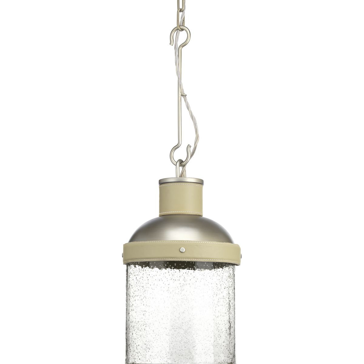The Rockdance pendant in Antique Nickel is part of a graceful series fashioned from surprising design elements that, together, form a signature look by designer Jeffrey Alan Marks. The pendant hangs by industrial style hooks and is powered by a braided metal cable, giving substance and form to function. A cap of Antique Nickel tops a seeded glass shade and is trimmed with beige topstitched leather strapping. With the styling of a bespoke handbag or boot, the details that punctuate this exciting group are certain to become design favorites for generations. This family of fixtures is part of the Jeffrey Alan Marks Point Dume� lighting collection which celebrates a curated mix of yesterday and today, distilling both industrial and artisanal influences.