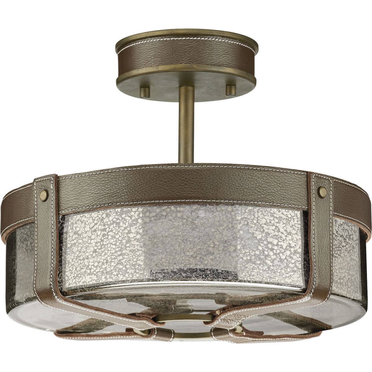 The Rockdance semi-flush ceiling light in Aged Brass is part of a graceful series fashioned from surprising design elements that, together, form a signature look by designer Jeffrey Alan Marks. The mercury glass semi-flush is trimmed in dark brown leather strapping, giving substance and form to function. With the styling of a bespoke handbag or boot, the details that punctuate this exciting group are certain to become design favorites for generations. This family of fixtures is part of the Jeffrey Alan Marks Point Dume� lighting collection which celebrates a curated mix of yesterday and today, distilling both industrial and artisanal influences.
