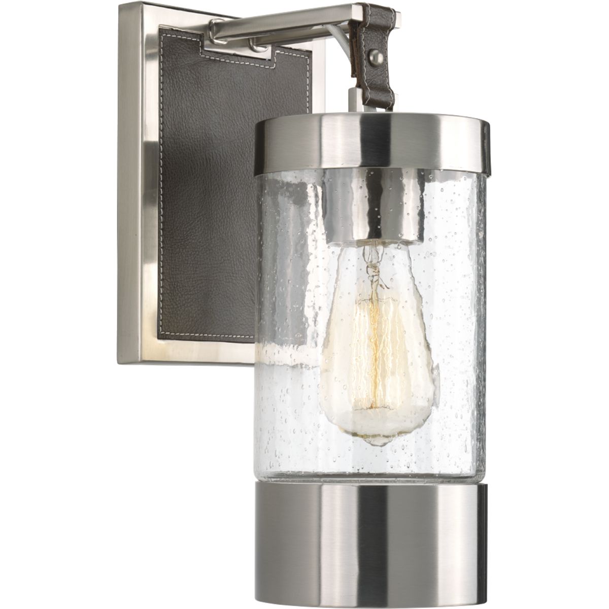 The Lookout wall sconce has a modern classic styling that combines Brushed Nickel, clear seeded glass and handsome leather accents for an enduring sensibility that adds an uncomplicated elegance to any interior. Entirely at home in so many locations and lifestyles, the Lookout sconce is ideal to use when multiples are a must. This fixture is part of the Jeffrey Alan Marks Point Dume� lighting collection which celebrates a curated mix of yesterday and today, distilling both industrial and artisanal influences.