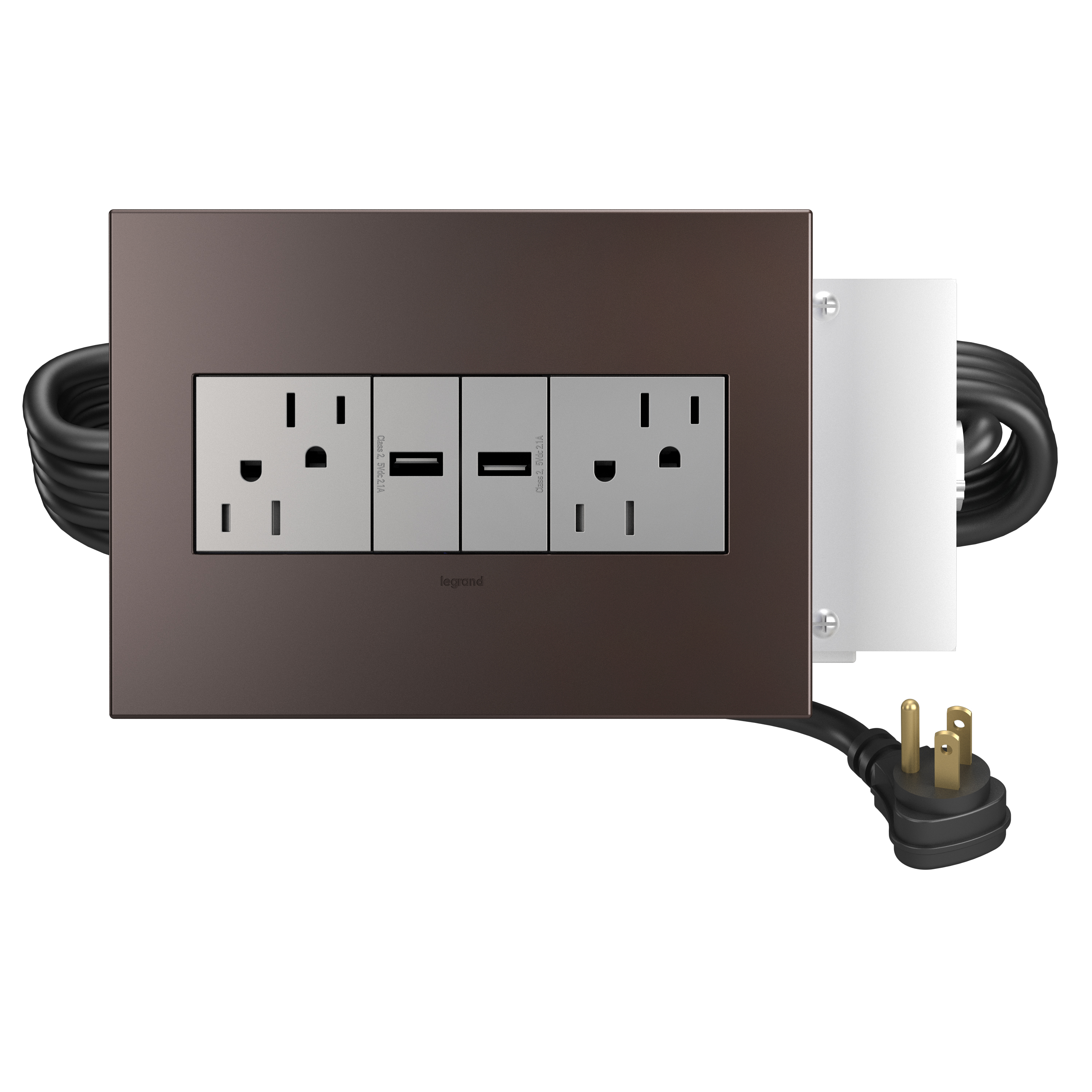 Easily add power and charging to furniture. 2 tamper-resistant outlets and 2 USB charging ports in a magnesium finish. Wall plate sold separately. View our FAQ page to learn more. Finish - Magnesium