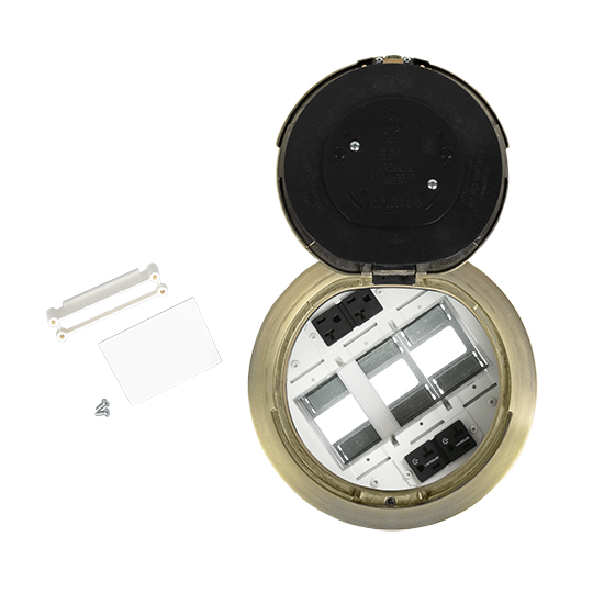 Designed for retrofit and new construction, the Controlled Receptacle Evolution Series 8 inch Recessed Poke-Thru devices provide convenient access to power, communications, and audio/video services recessed below floor level - providing maximum device protection where plugload control is required. With 5 Gangs of capacity, you will be able to configure services for the needs of your space. The low-profile metal covers are available in brushed aluminum, satin brass, satin nickel, and multiple powder-coated finishes designed to match any space. Evolution Series 8 inch Poke-Thru devices are the perfect fit for kiosks, meeting rooms, training rooms, classrooms, healthcare facilities or commercial buildings with open-space architecture. For carpet, tile, wood and laminate concrete floor coverings. Satin brass plated finish The flush style cover is an aluminum cover that is designed to sit flush with finished floor coverings such as: carpet, tile, or wood. Includes one (1) 6TS Tile Shim.