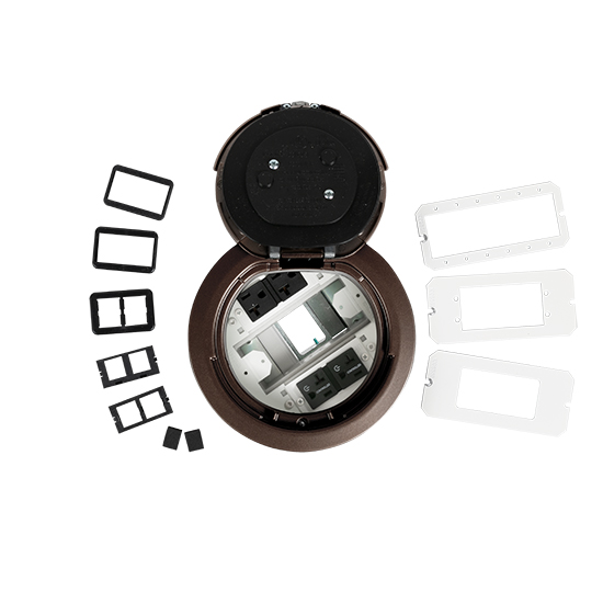 Designed for retrofit and new construction, the Controlled Receptacle Evolution Series 6 inch Recessed Poke-Thru Devices provide convenient access to power, communications and audio/video services recessed below floor level - providing maximum device protection where plug load control is required. With 3 gangs of capacity, you can configure services for the needs of your space. The low-profile metal covers are available in brushed aluminum, satin brass, satin nickel and multiple powder-coated finishes designed to match any space. Evolution Series 6 inch Poke-Thru Devices are the perfect fit for kiosks, meeting rooms, training rooms, classrooms, healthcare facilities or commercial buildings with open-space architecture. For carpet, tile, wood and laminate concrete floor coverings. Bronze finish