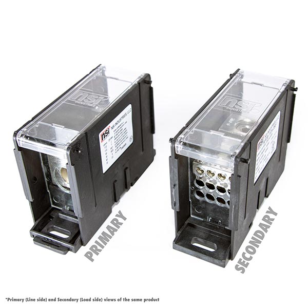 100kA Short Circuit Current Rated Power Distribution Block. 1 x 350 MCM-6 AWG Line, 12 x 4-14 AWG Load Power Distribution Blocks are made of Valox Nylon 6/6, Finger Safe Lexan 500R Polycarbonate Panels and Covers, high-conductivity 6061-T6 Electro-Tin Plated aluminum alloy connector. Each block can stand alone or combine with other blocks to form a multi-block set, and are also Din Rail Mountable with built in locking mechanism to lock/release.