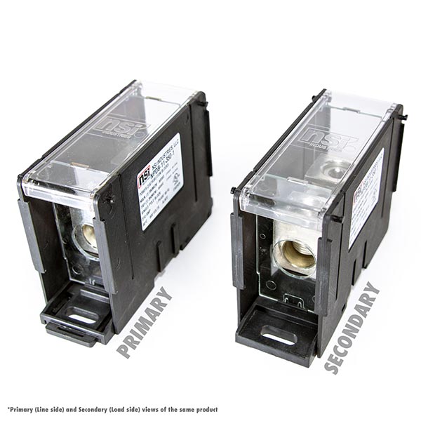 100kA Short Circuit Current Rated Power Distribution Block. 1 x 350 MCM-6 AWG Line, 1 x 350 MCM-6 AWG Load Power Distribution Blocks are made of Valox Nylon 6/6, Finger Safe Lexan 500R Polycarbonate Panels and Covers, high-conductivity 6061-T6 Electro-Tin Plated aluminum alloy connector. Each block can stand alone or combine with other blocks to form a multi-block set, and are also Din Rail Mountable with built in locking mechanism to lock/release.