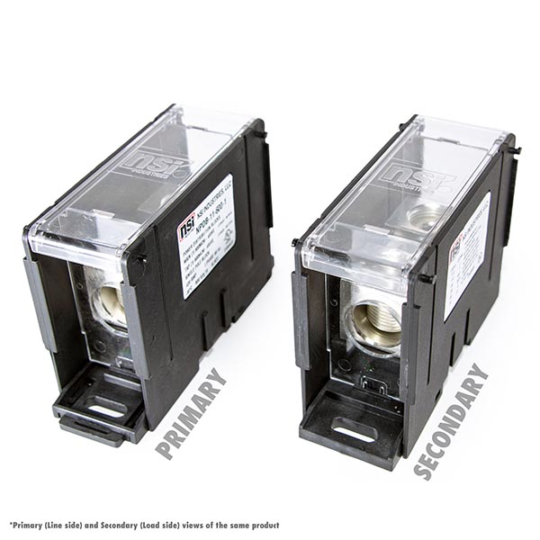 100kA Short Circuit Current Rated Power Distribution Block. 1 x 600 MCM-4 AWG Line, 1 x 600 MCM-4 AWG Load Power Distribution Blocks are made of Valox Nylon 6/6, Finger Safe Lexan 500R Polycarbonate Panels and Covers, high-conductivity 6061-T6 Electro-Tin Plated aluminum alloy connector. Each block can stand alone or combine with other blocks to form a multi-block set, and are also Din Rail Mountable with built in locking mechanism to lock/release.