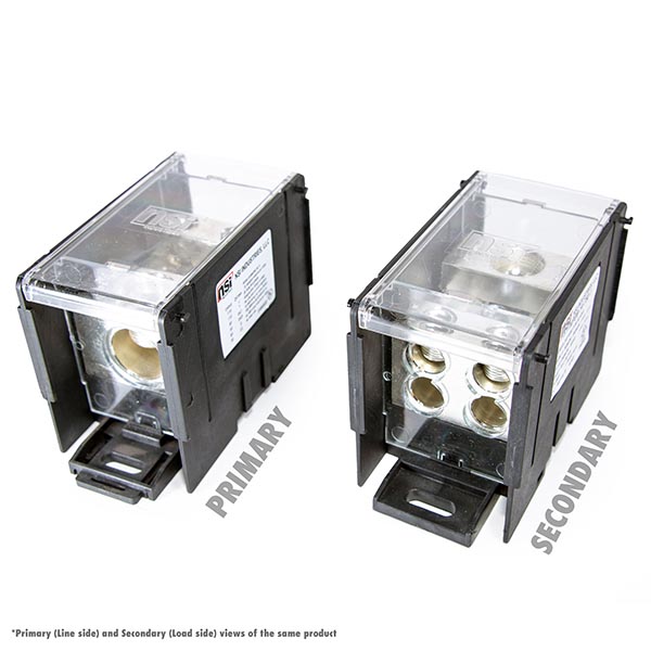 100kA Short Circuit Current Rated Power Distribution Block. 1 x 750-250 MCM Line, 4 x 250 MCM-6 AWG Load Power Distribution Blocks are made of Valox Nylon 6/6, Finger Safe Lexan 500R Polycarbonate Panels and Covers, high-conductivity 6061-T6 Electro-Tin Plated aluminum alloy connector. Each block can stand alone or combine with other blocks to form a multi-block set, and are also Din Rail Mountable with built in locking mechanism to lock/release.