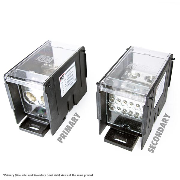 100kA Short Circuit Current Rated Power Distribution Block. 2 x 350 MCM-6 AWG Line, 12 x 4-14 AWG Load Power Distribution Blocks are made of Valox Nylon 6/6, Finger Safe Lexan 500R Polycarbonate Panels and Covers, high-conductivity 6061-T6 Electro-Tin Plated aluminum alloy connector. Each block can stand alone or combine with other blocks to form a multi-block set, and are also Din Rail Mountable with built in locking mechanism to lock/release.