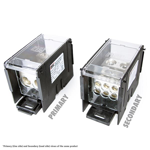 100kA Short Circuit Current Rated Power Distribution Block. 2 x 350 MCM-6 AWG Line, 6 x 2/0-14 AWG Load Power Distribution Blocks are made of Valox Nylon 6/6, Finger Safe Lexan 500R Polycarbonate Panels and Covers, high-conductivity 6061-T6 Electro-Tin Plated aluminum alloy connector. Each block can stand alone or combine with other blocks to form a multi-block set, and are also Din Rail Mountable with built in locking mechanism to lock/release.