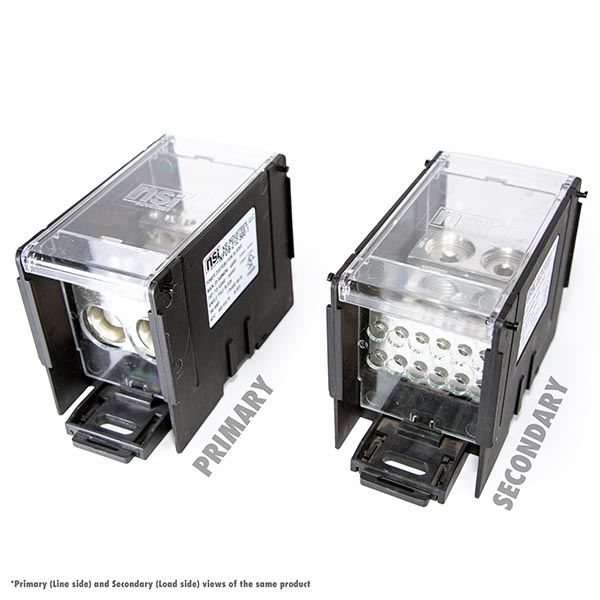 100kA Short Circuit Current Rated Power Distribution Block. 2 x 500 MCM-4 AWG Line, 12 x 4-14 AWG Load Power Distribution Blocks are made of Valox Nylon 6/6, Finger Safe Lexan 500R Polycarbonate Panels and Covers, high-conductivity 6061-T6 Electro-Tin Plated aluminum alloy connector. Each block can stand alone or combine with other blocks to form a multi-block set, and are also Din Rail Mountable with built in locking mechanism to lock/release.