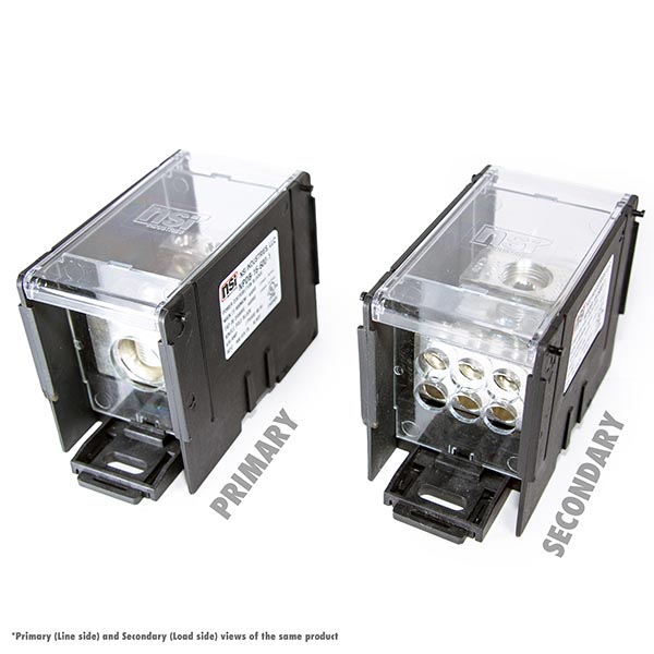 100kA Short Circuit Current Rated Power Distribution Block. 1 x 600 MCM-4 AWG Line, 6 x 2/0-14 AWG Load Power Distribution Blocks are made of Valox Nylon 6/6, Finger Safe Lexan 500R Polycarbonate Panels and Covers, high-conductivity 6061-T6 Electro-Tin Plated aluminum alloy connector. Each block can stand alone or combine with other blocks to form a multi-block set, and are also Din Rail Mountable with built in locking mechanism to lock/release.