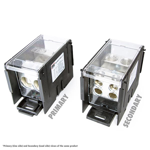 100kA Short Circuit Current Rated Power Distribution Block. 2 x 600 MCM-4 AWG Line, 4 x 4/0-6 AWG Load Power Distribution Blocks are made of Valox Nylon 6/6, Finger Safe Lexan 500R Polycarbonate Panels and Covers, high-conductivity 6061-T6 Electro-Tin Plated aluminum alloy connector. Each block can stand alone or combine with other blocks to form a multi-block set, and are also Din Rail Mountable with built in locking mechanism to lock/release.