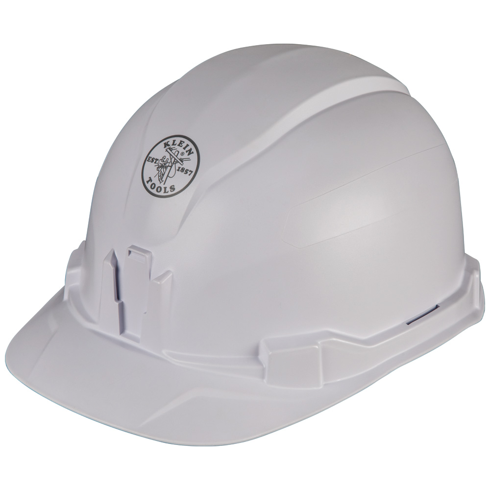 Hard Hat, Non-Vented, Cap Style, White, Safety hard hat has patent-pending accessory mounts on front and back that ensure Klein Headlamps attach securely and precisely, every time — no straps or zip ties needed