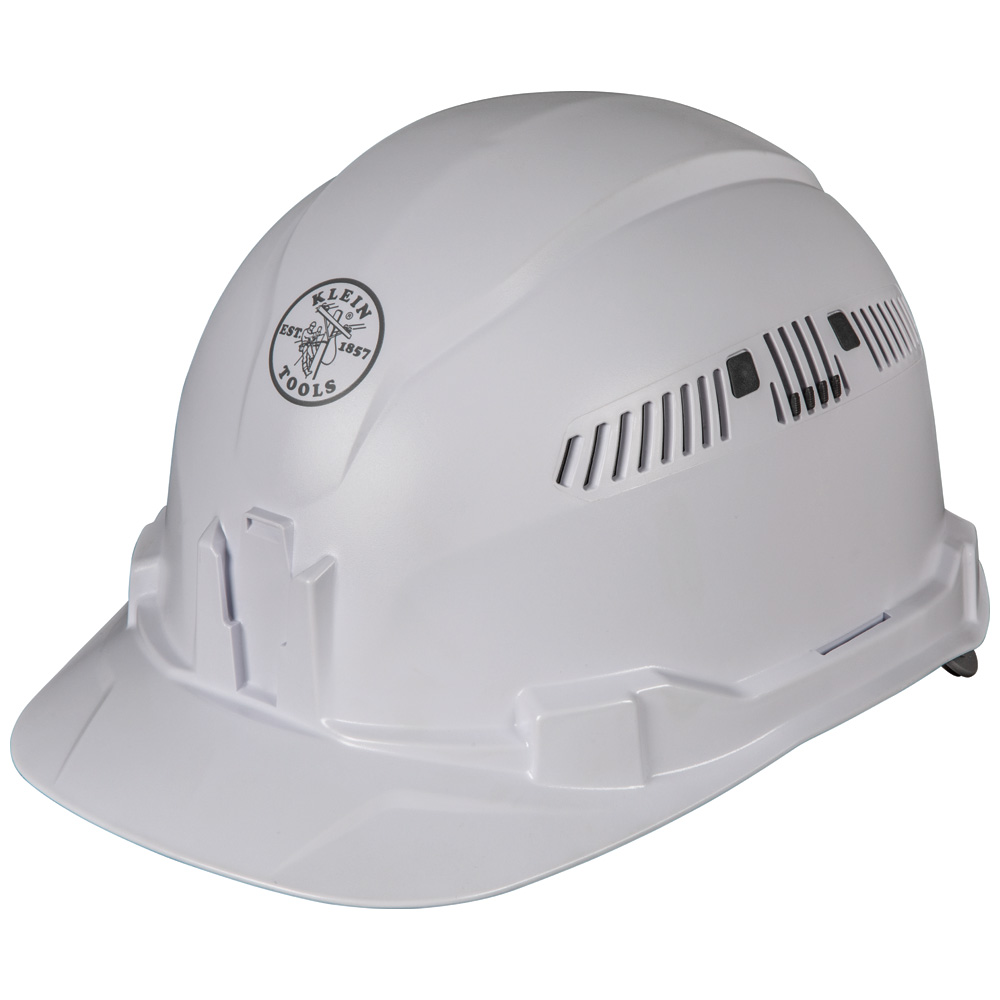 Hard Hat, Vented, Cap Style, White, Safety hard hat has patent-pending accessory mounts on front and back ensure optional Klein Headlamps attach securely and precisely, every time — no straps or zip ties needed