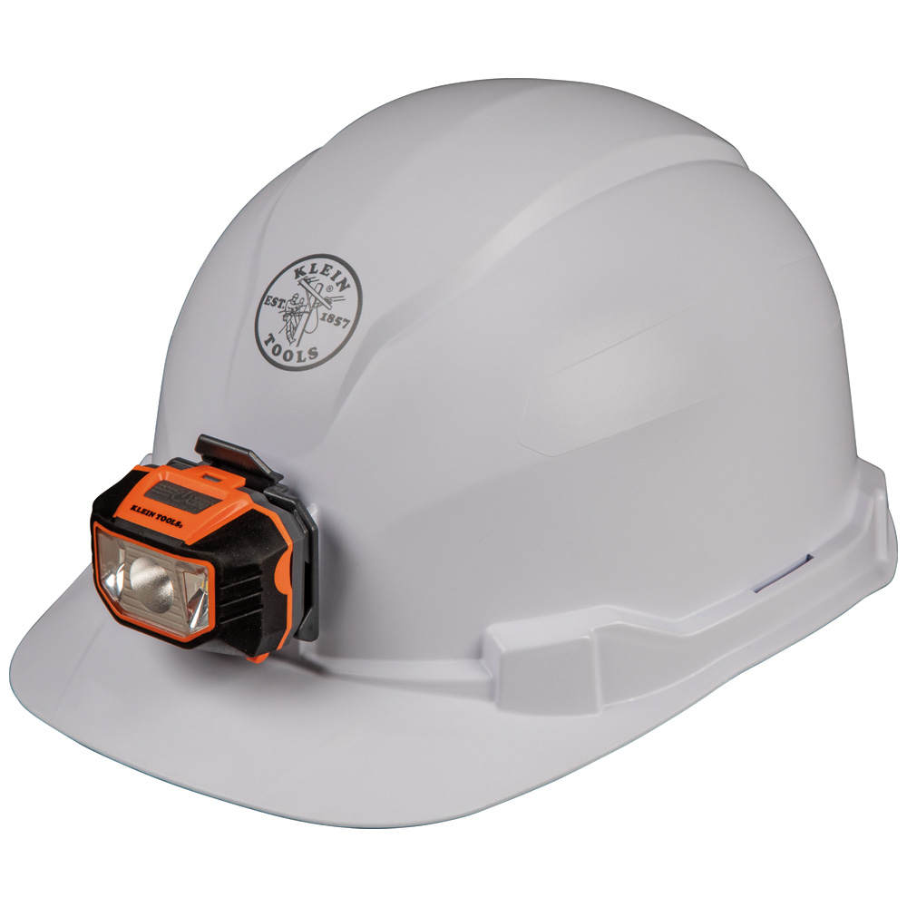 Hard Hat, Non-Vented, Cap Style with Headlamp, White, Safety hard hat has patent-pending accessory mounts on front and back that ensure Klein Headlamps attach securely and precisely, every time — no straps or zip ties needed
