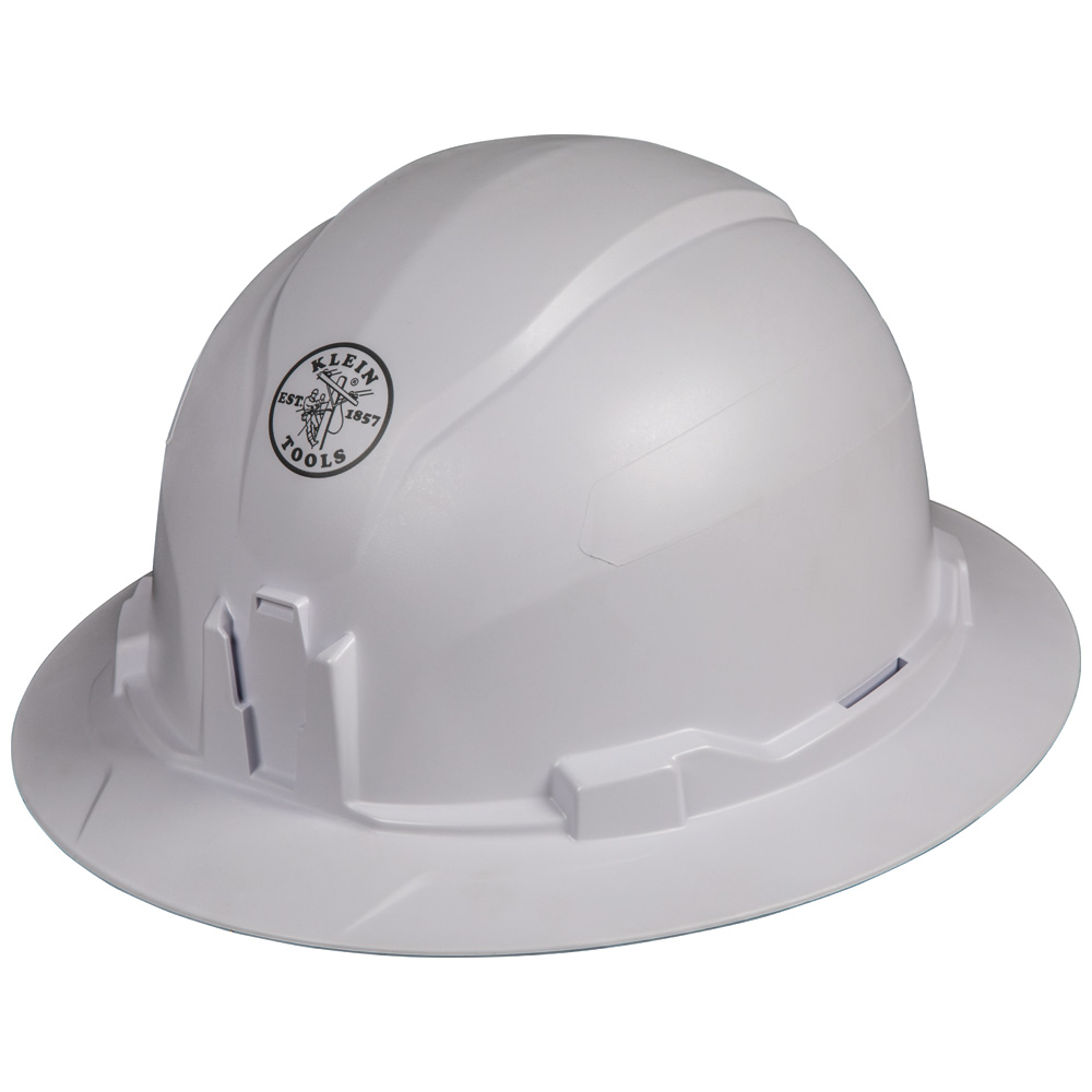 Hard Hat, Non-Vented, Full Brim Style, White, Safety hard hat has patent-pending accessory mounts on front and back ensure optional Klein Headlamps attach securely and precisely, every time — no straps or zip ties needed
