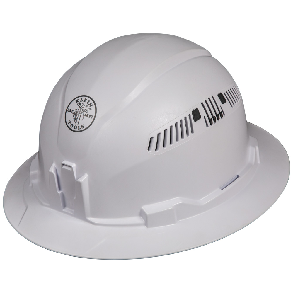 Hard Hat, Vented, Full Brim Style, White, Safety hard hat has patent-pending accessory mounts on front and back ensure Klein Headlamps attach securely and precisely, every time — no straps or zip ties needed