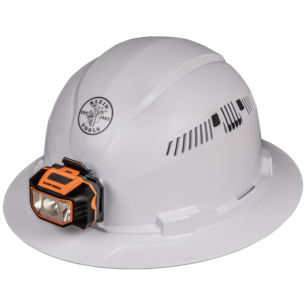 Hard Hat, Vented, Full Brim with Headlamp, White, Safety hard hat has patent-pending accessory mounts on front and back that ensure Klein Headlamps attach securely and precisely, every time — no straps or zip ties needed