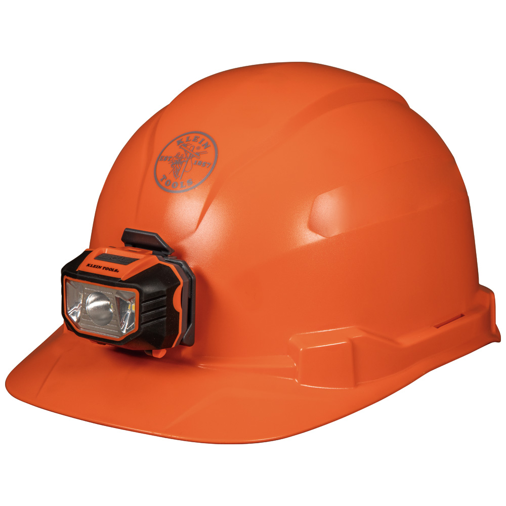 Hard Hat, Non-vented, Orange Cap Style with Headlamp, Tested up to 20kV, this Class E, Type 1 hard hat meets ANSI Z89.1-2014, CSA Z94.1-15 EN397:2012+A1:2012-Lateral Deformation (LD) standards