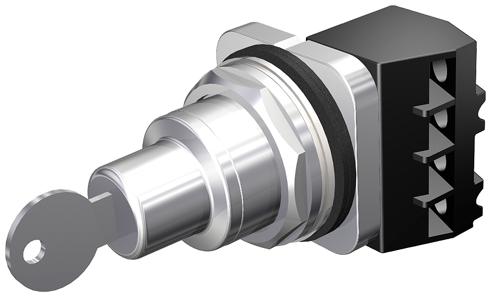 Metal, Keyed Selector Switch Maintained, 1NO left position, A cam Complete Device Key Removable in left position 2 position Key Type 501CH (Standard) UL File E22655 in Vol. 6 (7) Sec. 13 (2)