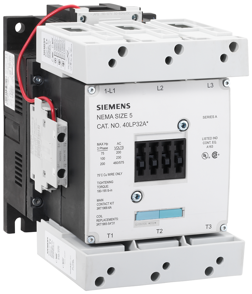 Non-reversing NEMA contactor, Size 5, Three phase full voltage, Contactor amp rating 270A, 3 wire (NO aux included), 110-127V 50-60Hz, Non-combination type, Enclosure NEMA type (open), No enclosure