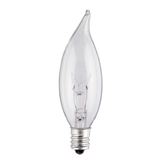 7.5W CA8 Flame Tip Incandescent Clear E12 (Candelabra) Base, 130 Volt, Box
