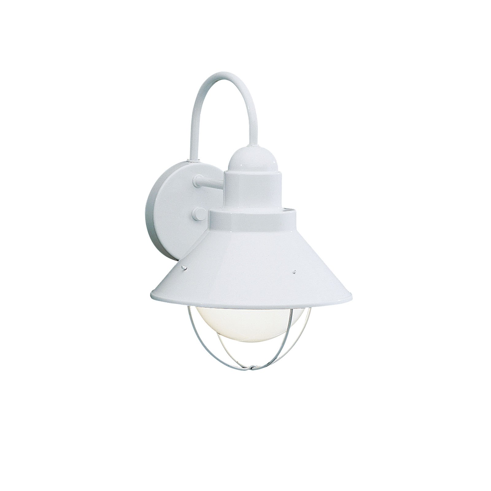 The Seaside(TM) 12in. 1 light outdoor wall light features a classic look with its White finish and glass globe. The Seaside(TM)wall light works in several aesthetic environments, including rustic, coastal, traditional and transitional.