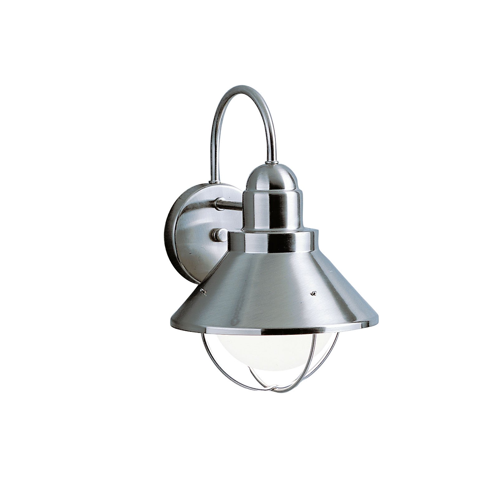 With an aura that is as pure as a sea breeze, the Seaside(TM)Collection offers the homeowner a unique line of outdoor fixtures guaranteed to bring a new identity to your home's landscape. For this 1-light Seaside(TM)Wall Lantern, solid brass is combined with Kichler's Brushed Nickel finish, resulting in a high quality fit that will look fantastic for years to come. The fixture houses a 100-watt (max.) bulb that provides outstanding outdoor illumination for your landscape. It is 12in. high, is U.L. listed for wet location, and is Dark Skies compliant.