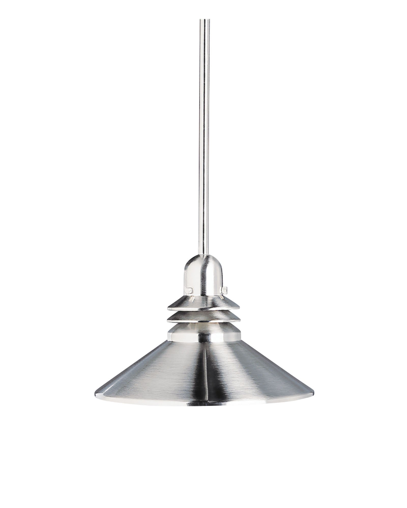 The Grenoble(TM) Collection takes classic form and elevates it to a new standard with universal appeal. The central element of its design is the cone-shaped Brushed Nickel shade, giving the Grenoble(TM) Collection a clean profile that is decidedly contemporary without being overly modern. For a room that needs a demure, single fixture for added ambiance, this 1-light mini-pendant is a perfect choice. It uses a 150-watt (max.) bulb, giving it a powerful light in a small package. And with a diameter of only 11in. this fixture can go wherever you need it, providing unmatched versatility.