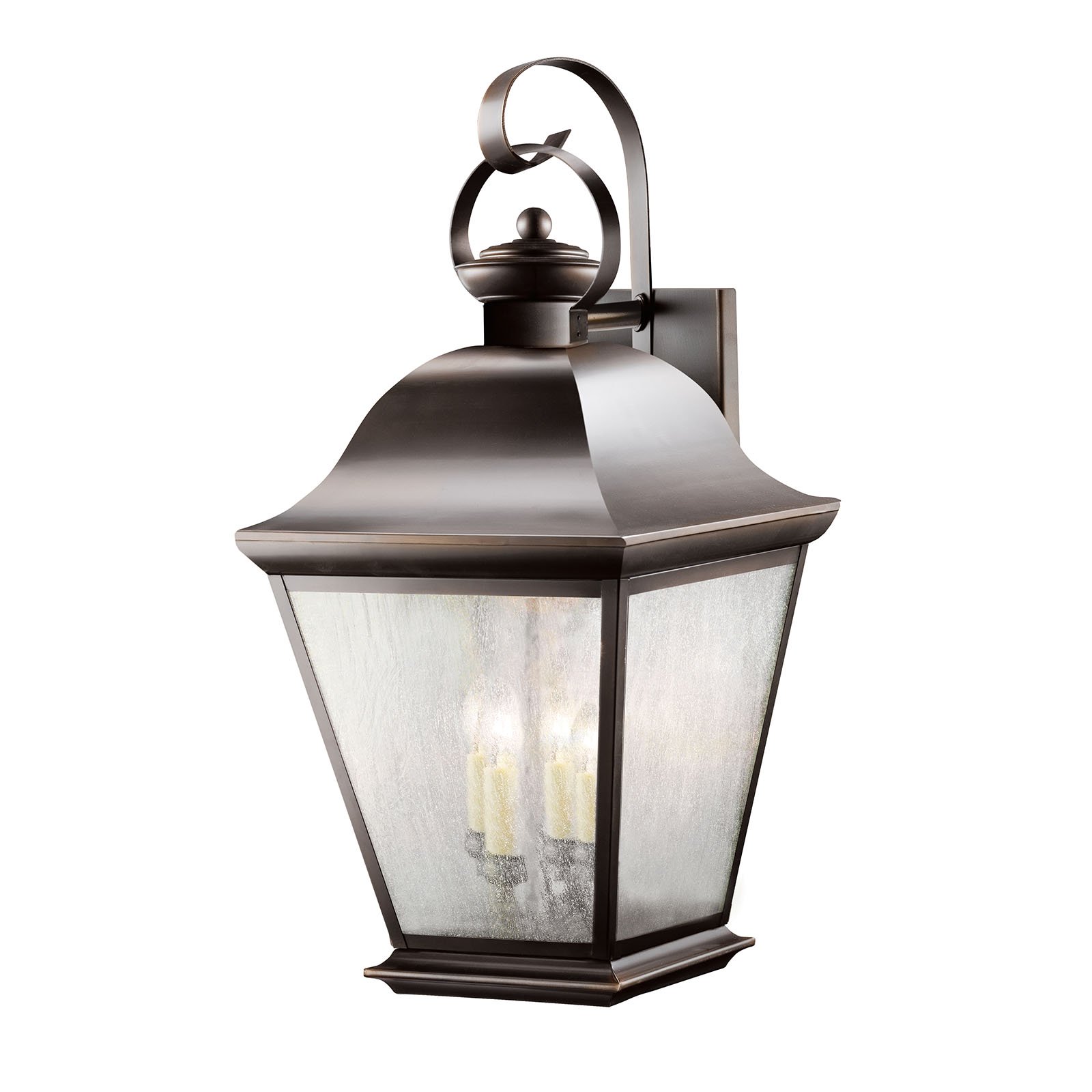 With its simple yet bold shape, the Mount Vernon Collection adds a touch of rustic flavor to the American home. Our Olde Bronze finish over solid brass gives an aged look to the piece, while the seedy glass panels provide additional texture and complete the Mount Vernon's antique profile making it the perfect balance of form and function. Add a beautiful accenting touch to the front of your home with this 28in. high, four light wall lantern. It uses 60-watt (max.) bulbs and is U.L. listed for wet locations.