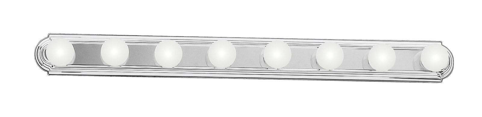 The sleek design of this 8 light bath bar means it fits neatly in many decors and spaces. Chrome finish with 8 white globes.