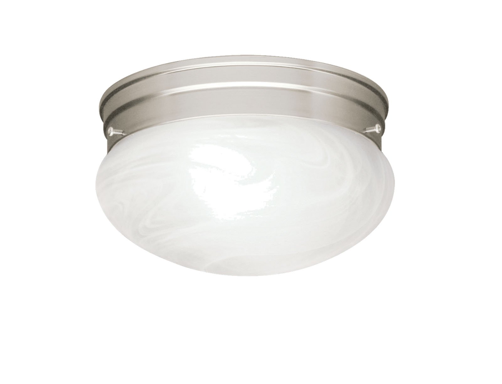 Add this simple 2-light ceiling light for additional atmosphere. It features Brushed Nickel finish with Alabaster swirl glass cover.