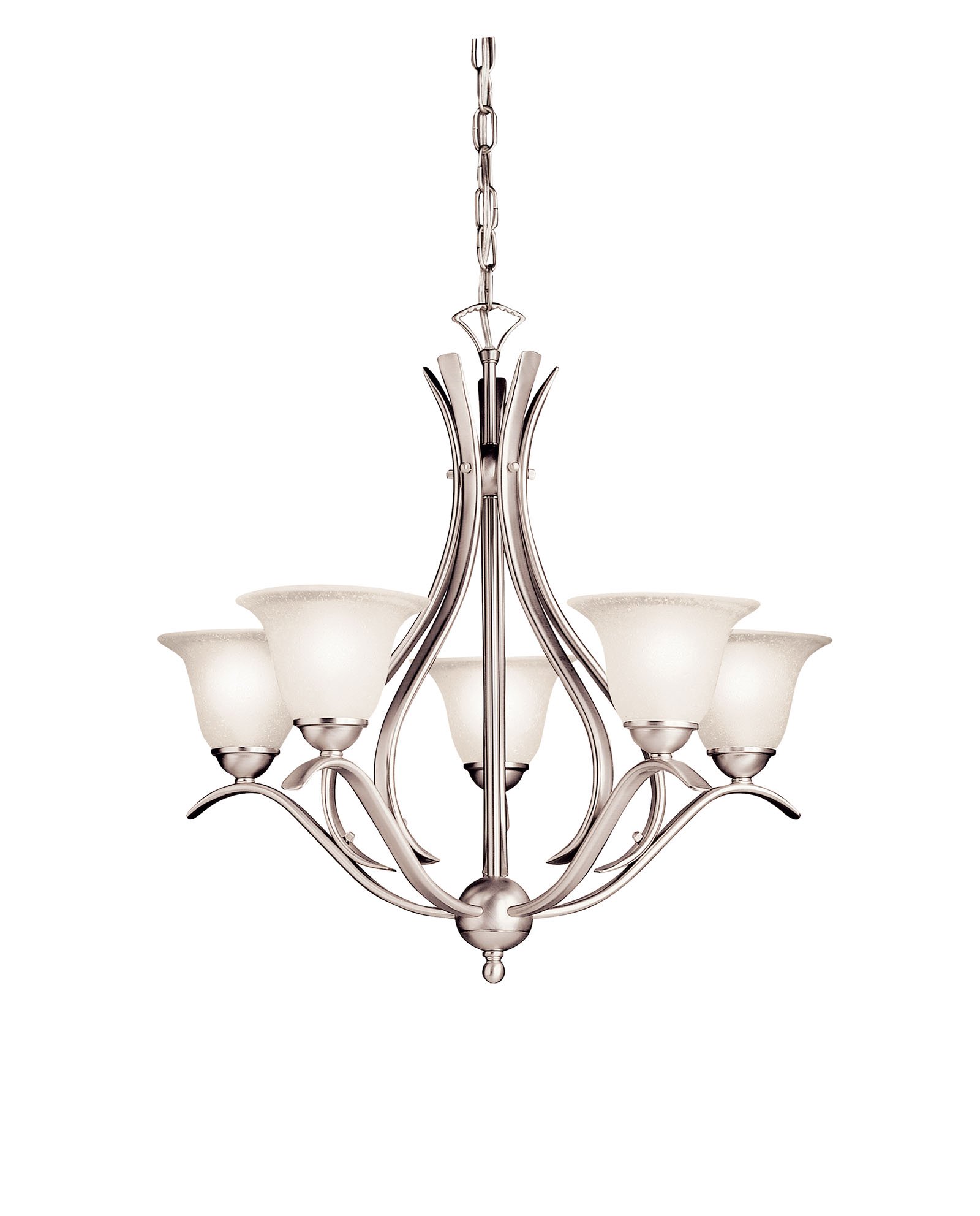 The Dover(TM) Collection takes classic design and offers its own unique, modern twist. Characterized by its long, sweeping arms, Dover(TM) fixtures offer a clean look while remaining fresh and exciting. With our Brushed Nickel finish over its hand-wrought steel frame, you can be sure of a high quality fit and finish that is second to none. This 5 light chandelier is perfect for a dining room or foyer. It features etched seedy glass diffusers that help produce a warm light that creates a wonderful ambiance in any home.