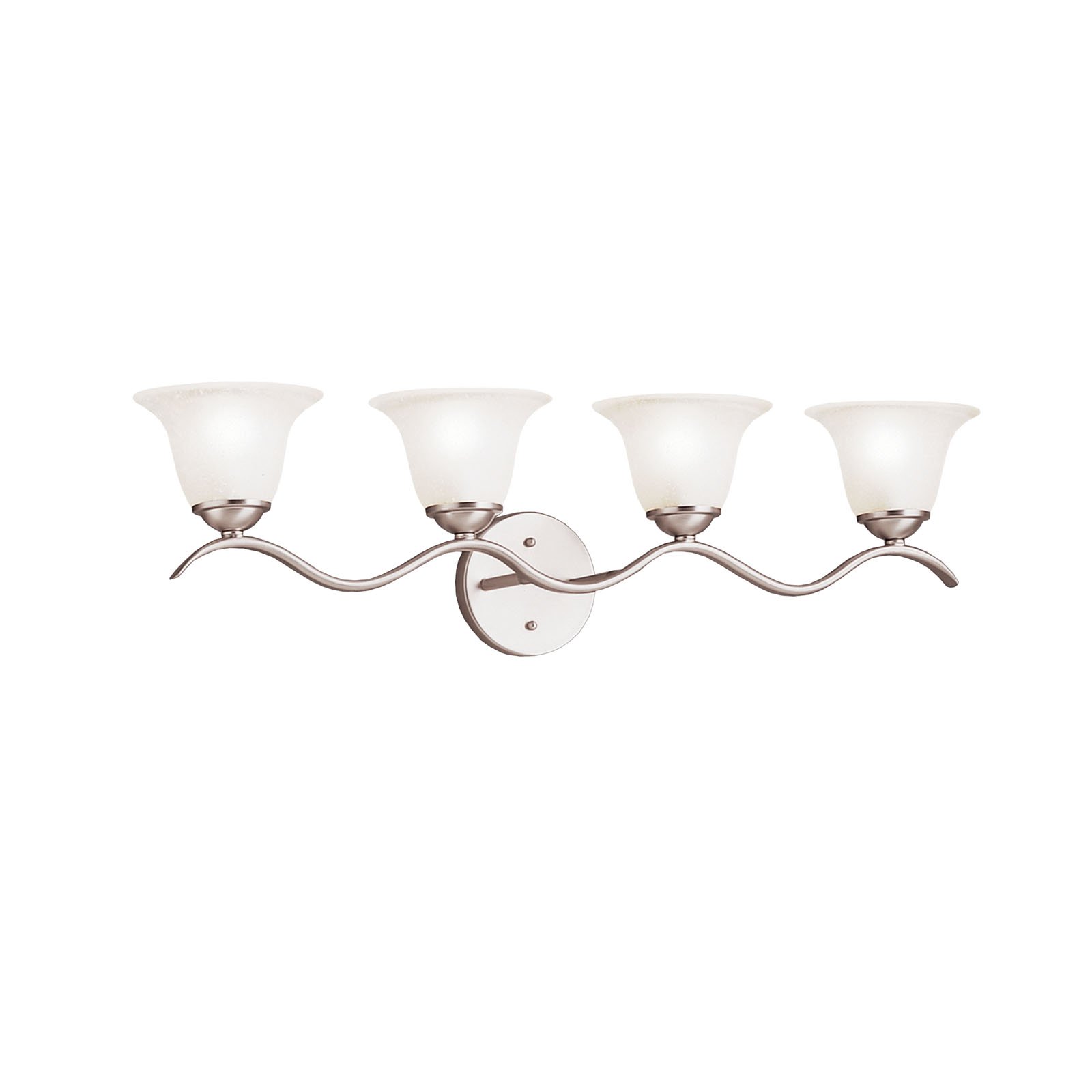 Bathe your bathroom in a wave of light with this unique 4-light Bath bar from Kichler. The fixture's bar utilizes a fluid design with Brushed Nickel finish and Etched seedy glass. Can be installed with the glass up or down, allowing you to customize the look as you see fit.