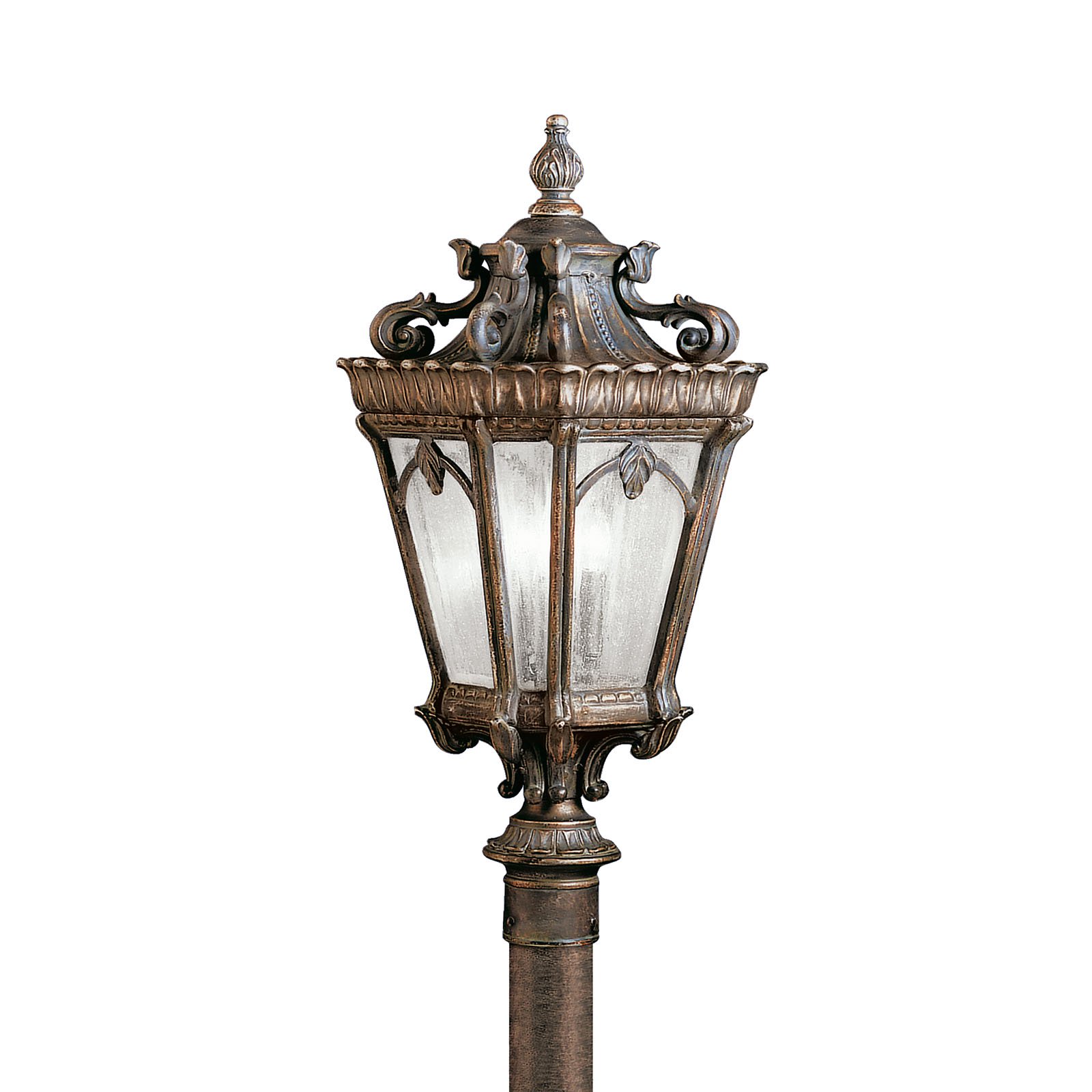 This marvelous 3-light Tournai(TM) post lantern with its heavy textures, dark tones, and fine attention to detail stands out from other outdoor fixtures. Each piece is hand-made from cast aluminum, offering quality construction that is sure to withstand even the harshest of weather conditions. Our exclusive Londonderry finish and clear seedy glass panels give the piece its unique, aged look. Post not included.
