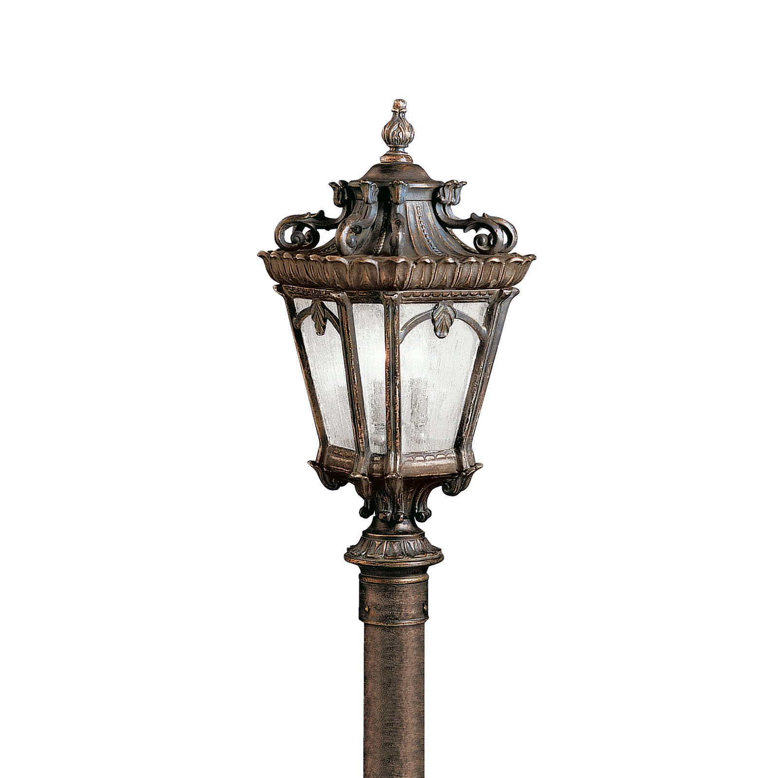 This marvelous 4-light Tournai(TM) post lantern with its heavy textures, dark tones, and fine attention to detail stands out from other outdoor fixtures. Each piece is hand-made from cast aluminum, offering quality construction that is sure to withstand even the harshest of weather conditions. Our exclusive Londonderry finish and clear seedy glass panels give the piece its unique, aged look.  Post not included.