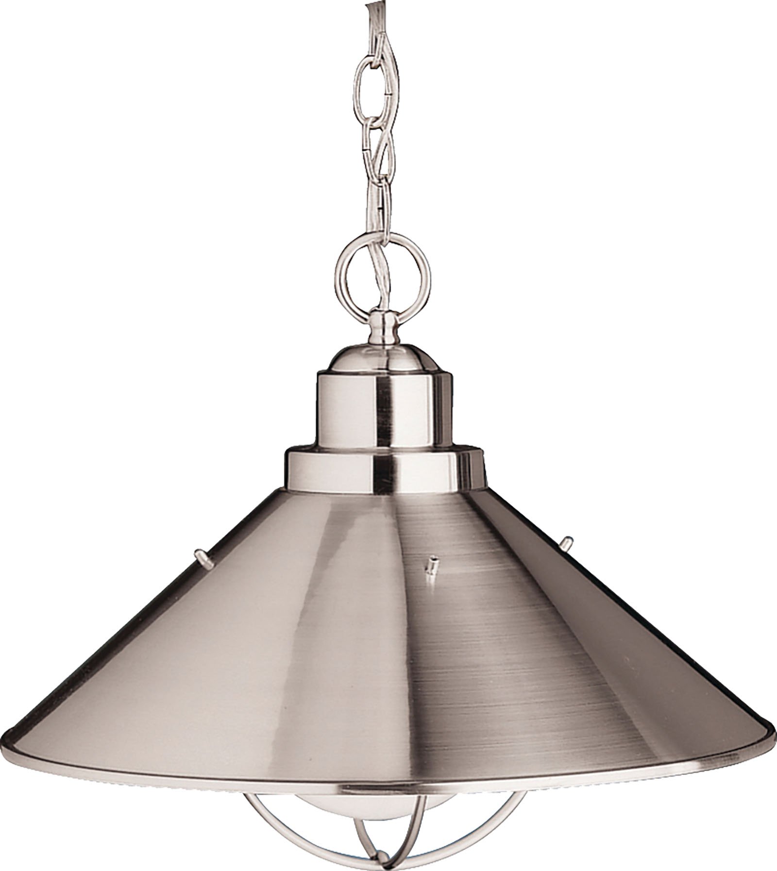 At 16in. in diameter, this 1- light Family Spaces pendant features Brushed Nickel finish and is U.L. listed for damp locations. It uses a 150-watt (max.) bulb for optimum lighting.