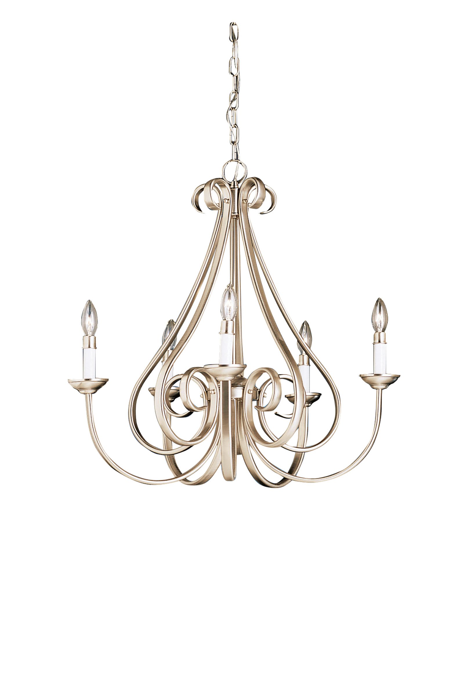 The Dover(TM) Collection takes classic design and offers its own unique, modern twist. Characterized by its long, sweeping arms, Dover(TM) fixtures offer a clean look while remaining fresh and exciting. With our exclusive Brushed Nickel finish over its hand-wrought steel frame, you can be sure of a high quality fit and finish that is second to none. This 5 light chandelier is another work of art. It is a testament to the quality fit and finish that you should expect and deserve in the Dover(TM) collection.