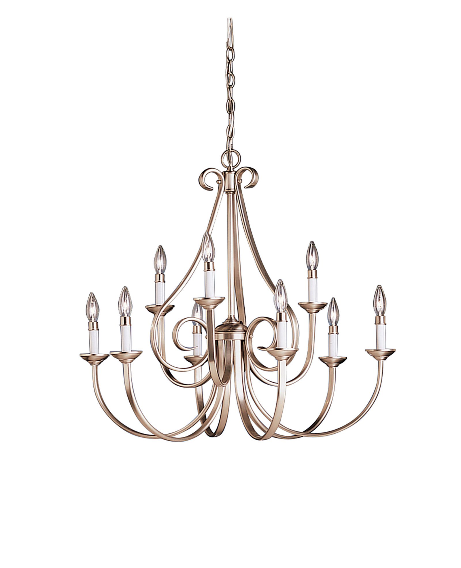 The Dover(TM) Collection takes classic design and offers its own unique, modern twist. Characterized by its long, sweeping arms, Dover(TM) fixtures offer a clean look while remaining fresh and exciting. With our Brushed Nickel finish over its hand-wrought steel frame, you can be sure of a high quality fit and finish that is second to none. With its 2 tiered, 9 light design this is one of the largest chandeliers in the Dover(TM) Collection. It is a testament to the quality fit and finish that you should expect and deserve in the Dover(TM) collection.