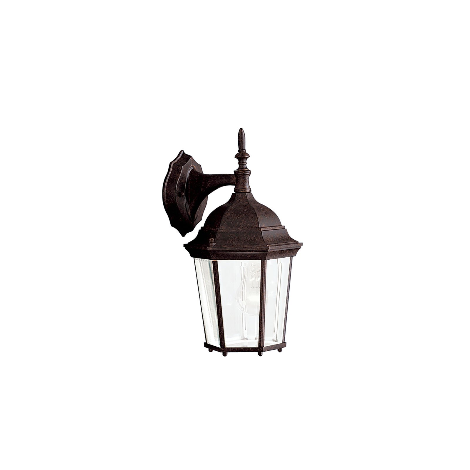 With its timeless colonial profile, the Madison is the perfect line of outdoor fixtures for those looking to embellish classic sophistication. Because it is made from cast aluminum and comes in an extensive amount of different finishes, this Madison 1-light wall lantern can go with any home décor while being able to withstand the elements. It features a Tannery Bronze finish with clear beveled glass panels. The Madison wall lantern uses a 100-watt (max.) bulb, measures 8in. wide by 13in. high, and is U.L. listed for wet location.