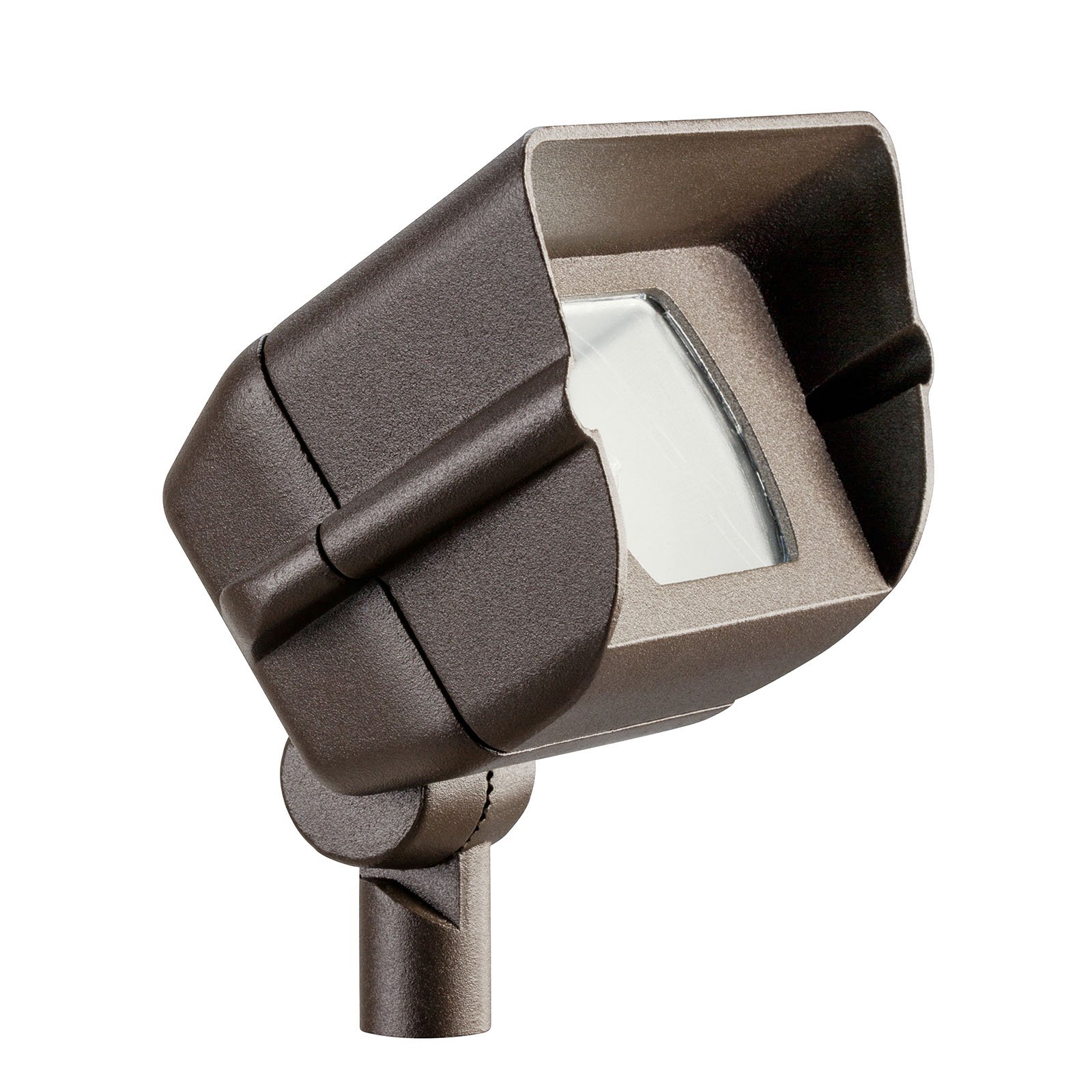 MINIATURE HOODED ADJUSTABLE WIDE FLOOD LIGHT - Small (4=in. x 5in.) eyebrow allows adjustment to upwards position without glare. Use for wide-angle wall washing, with young shrubs and low walls.