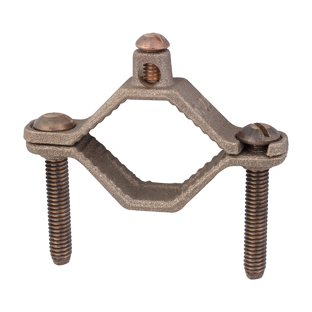 MADISON, 1-1/4-2 BRS GRD FTG & S PIPE GROUND CLAMP FOR GROUNDING COPPER AWG #2-#10 TO METAL WATER PIPE FOR GROUNDING TO STEEL WATER PIPE OR GROUND ROD MEETS UL467 BRONZE CLAMP, BRASS SCREWS BARE COPPER GROUND WIRE #10 SOL. - #2 STR.